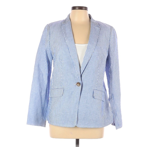 Talbots Seersucker Blue and White Stripe One Button Lined Blazer Sz 10 - Picture 4 of 7
